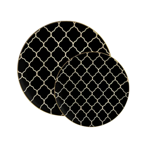 Black gold patterned plates elegant dinner decor from Parte Haus party supply store in Bethesda Maryland