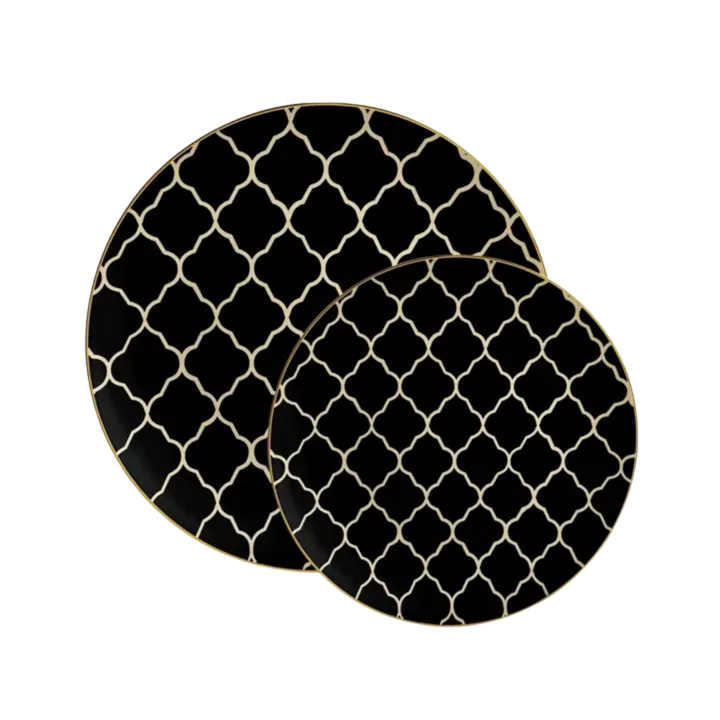 Black Lattice Pattern Gold Rimmed Plastic Plates