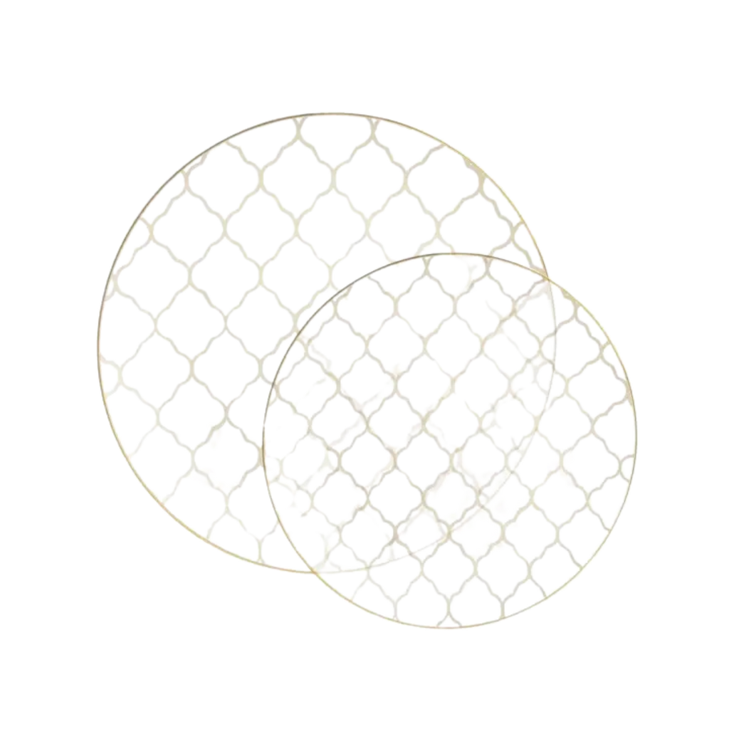 Clear decorative round plates with gold lattice design for elegant events from Parte Haus party supply store in Bethesda MD