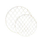 Clear decorative round plates with gold lattice design for elegant events from Parte Haus party supply store in Bethesda MD