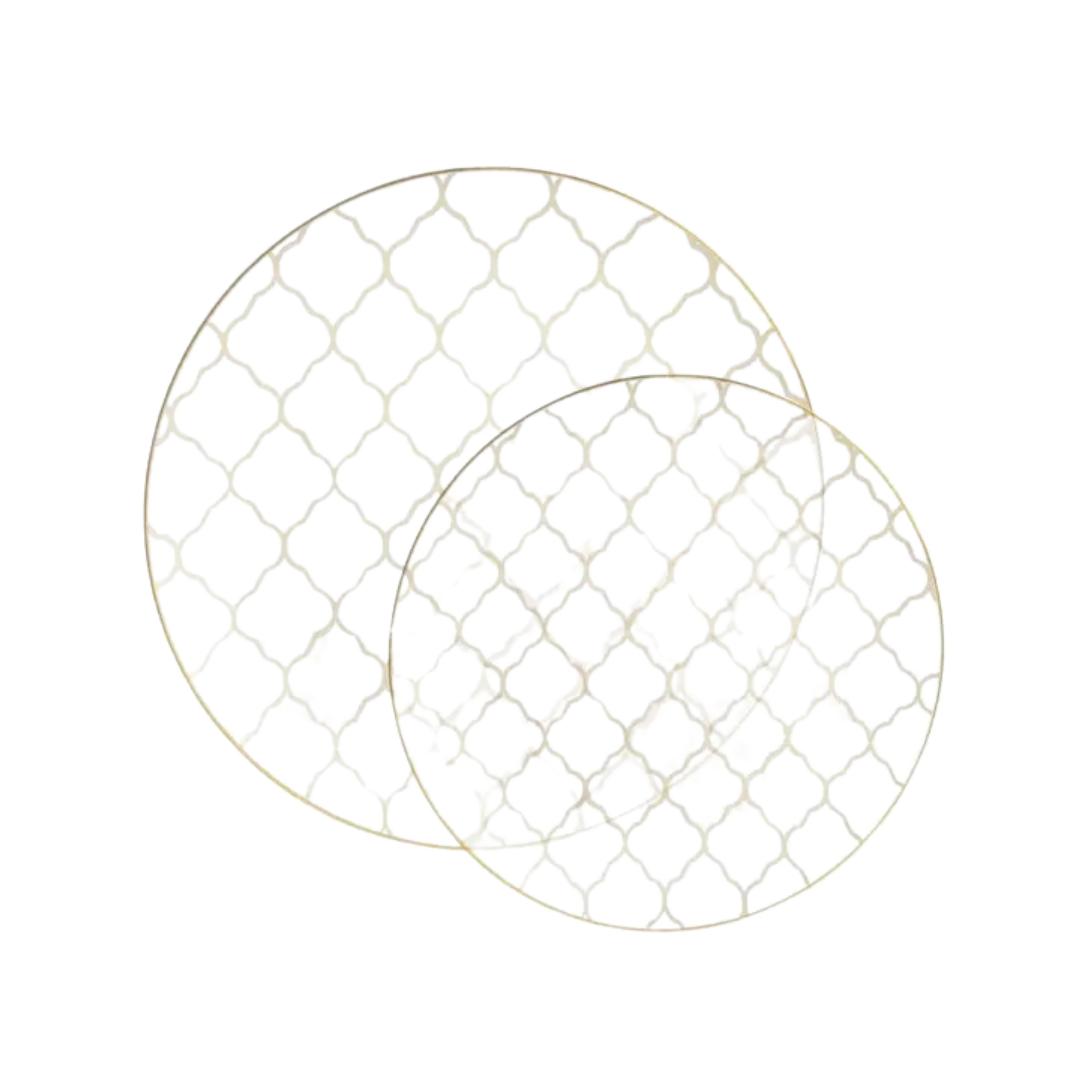 Clear decorative round plates with gold lattice design for elegant events from Parte Haus party supply store in Bethesda MD