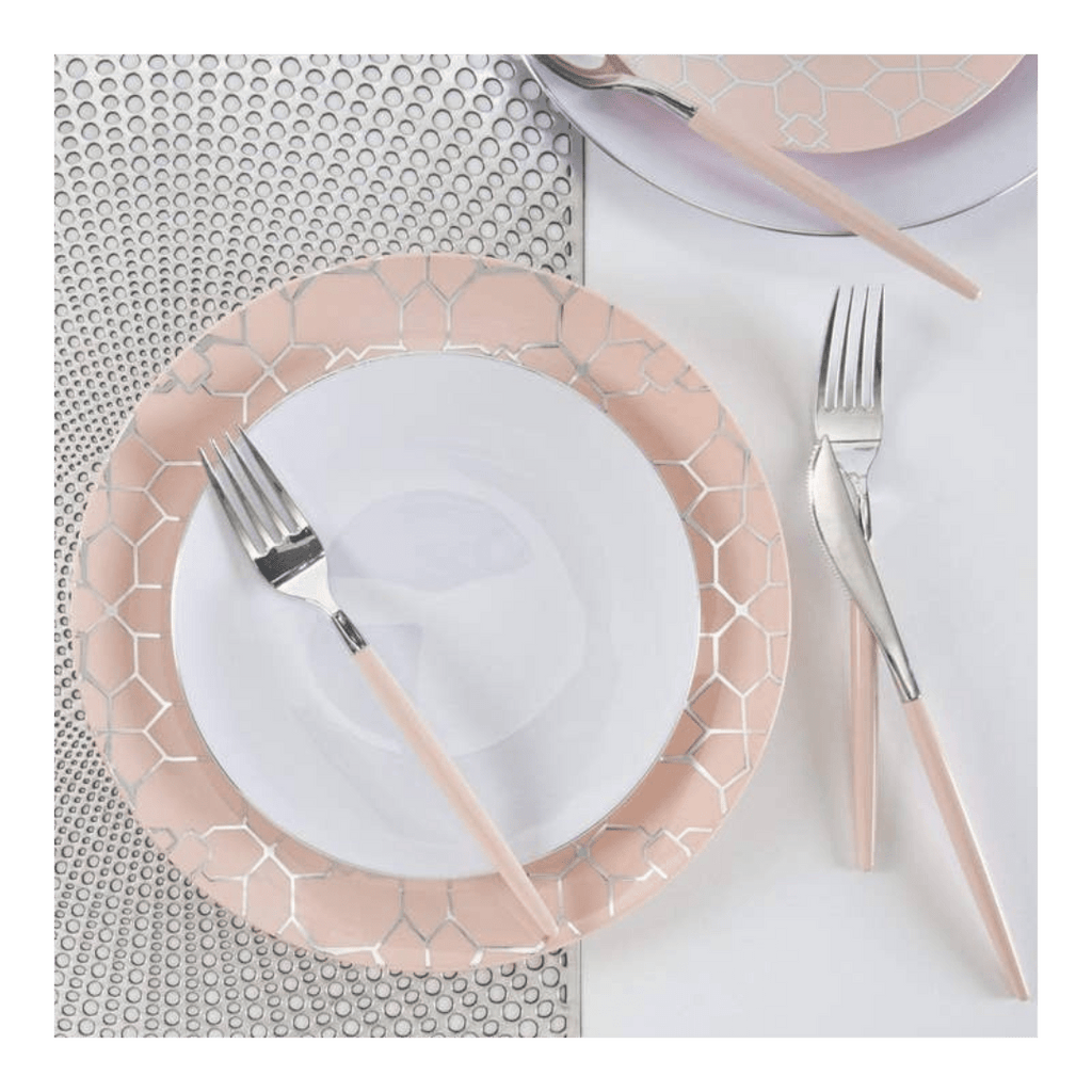 Blush and Silver Lattice Pattern Plastic Plates - 2 Sizes