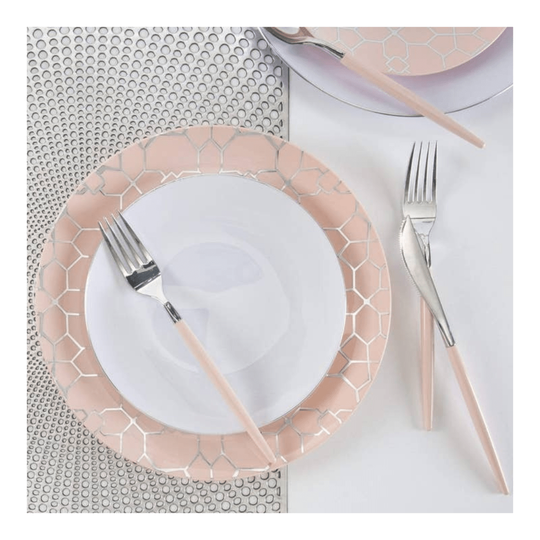 Blush and Silver Lattice Pattern Plastic Plates - 2 Sizes