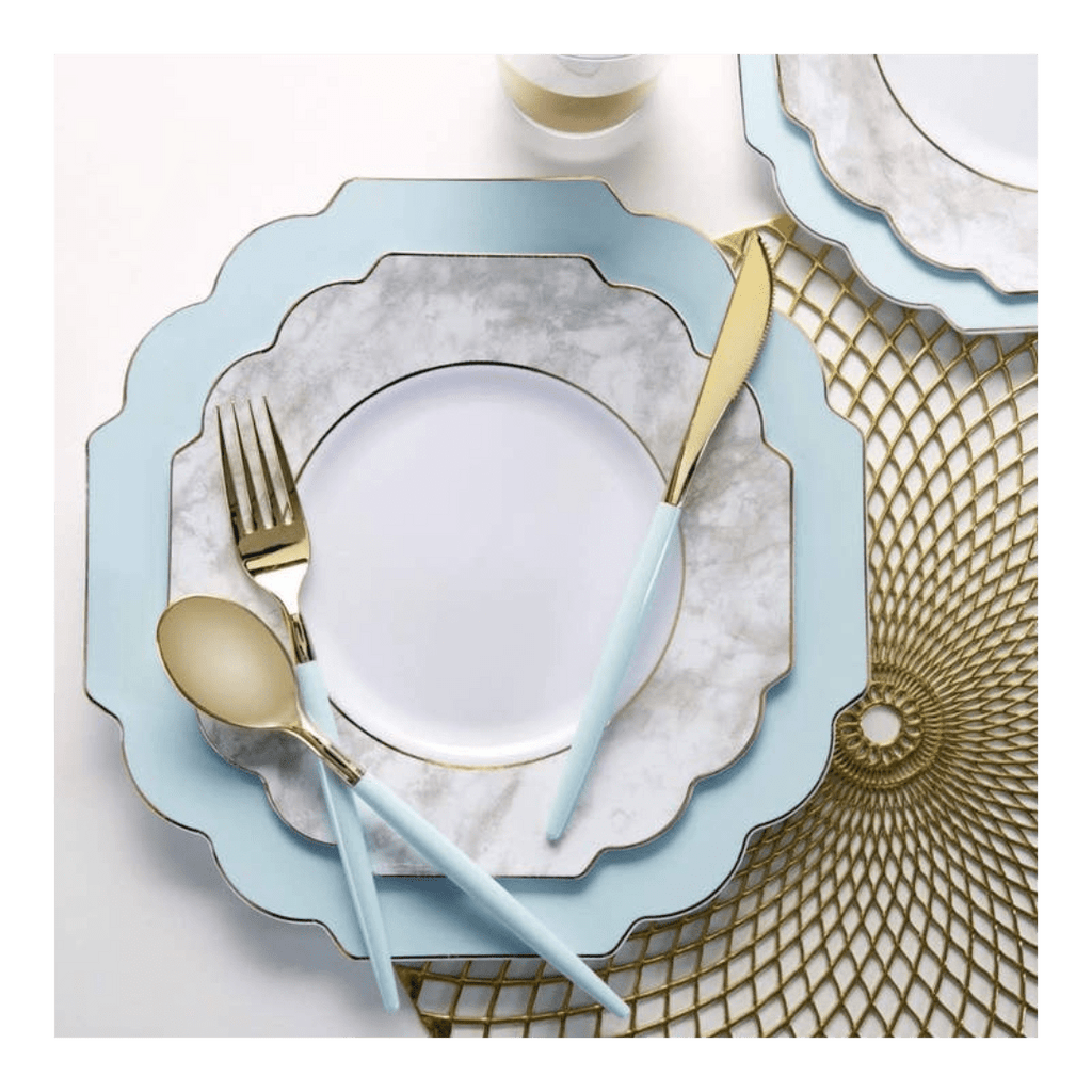 Mint and gold dinnerware set with scalloped plates and cutlery for elegant event from Parte Haus party supply store in Bethesda MD