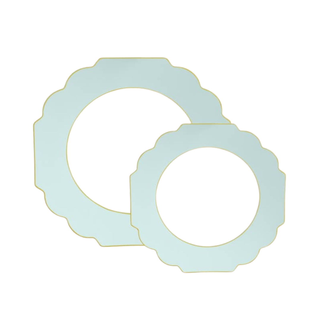 Mint and Gold Scalloped Rimmed Plastic Plates - 2 Sizes