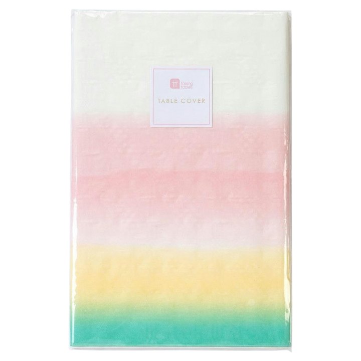 Pastel table cover with ombre stripes celebration decor from Parte Haus party supply store in Bethesda Maryland