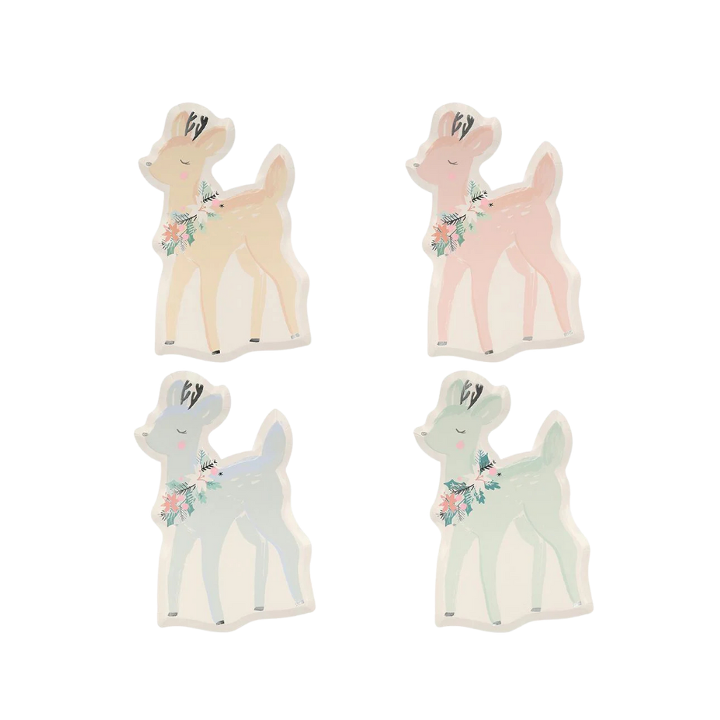 Pastel deer shaped plates with floral accents woodland birthday theme from Parte Haus party supply store in Bethesda MD