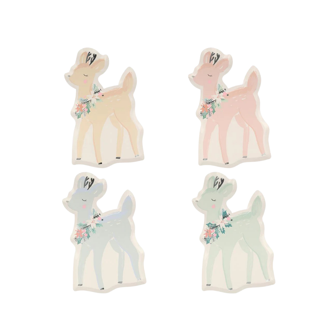 Pastel deer shaped plates with floral accents woodland birthday theme from Parte Haus party supply store in Bethesda MD