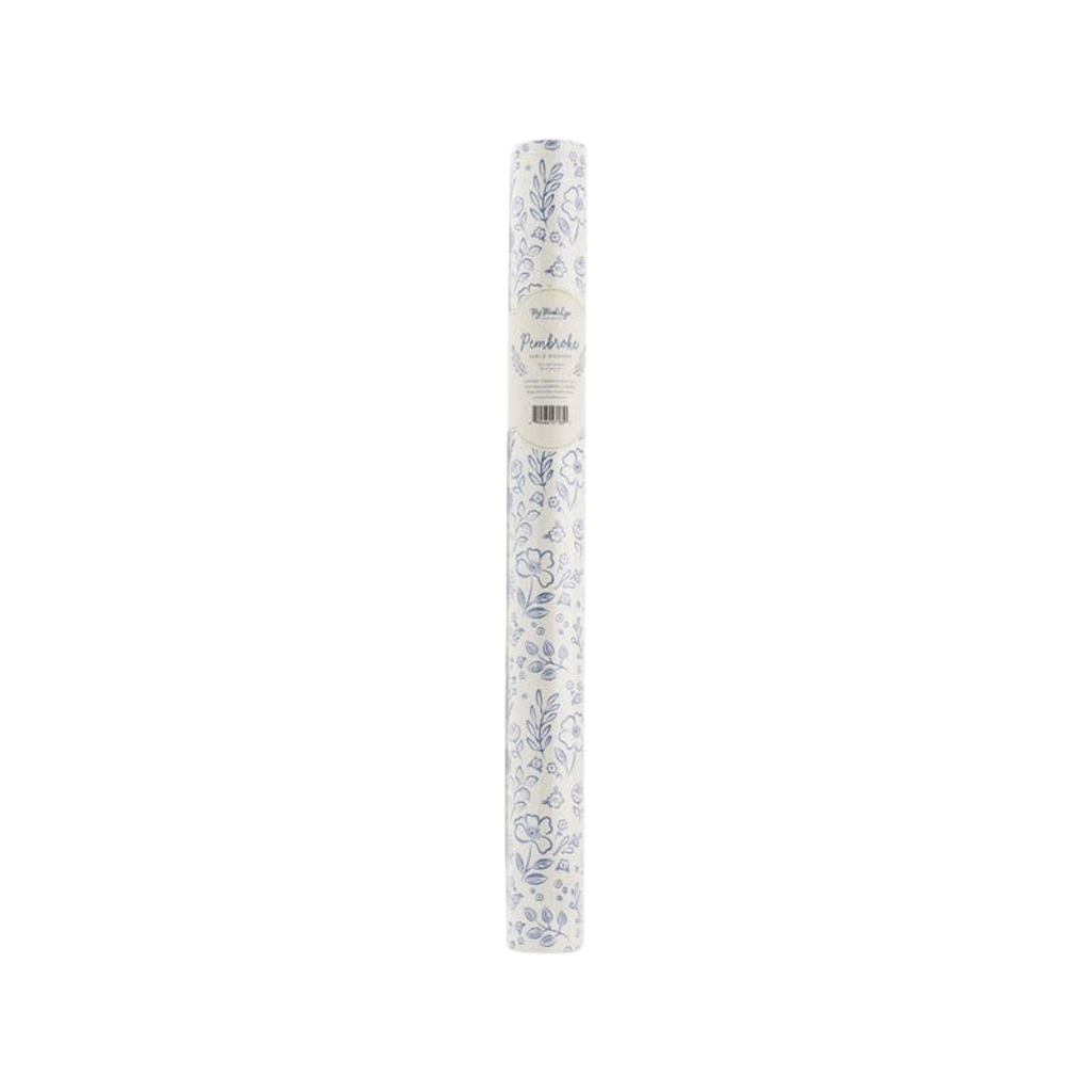 Blue and white floral wrapping paper roll for celebrations from Parte Haus party supply store in Bethesda MD