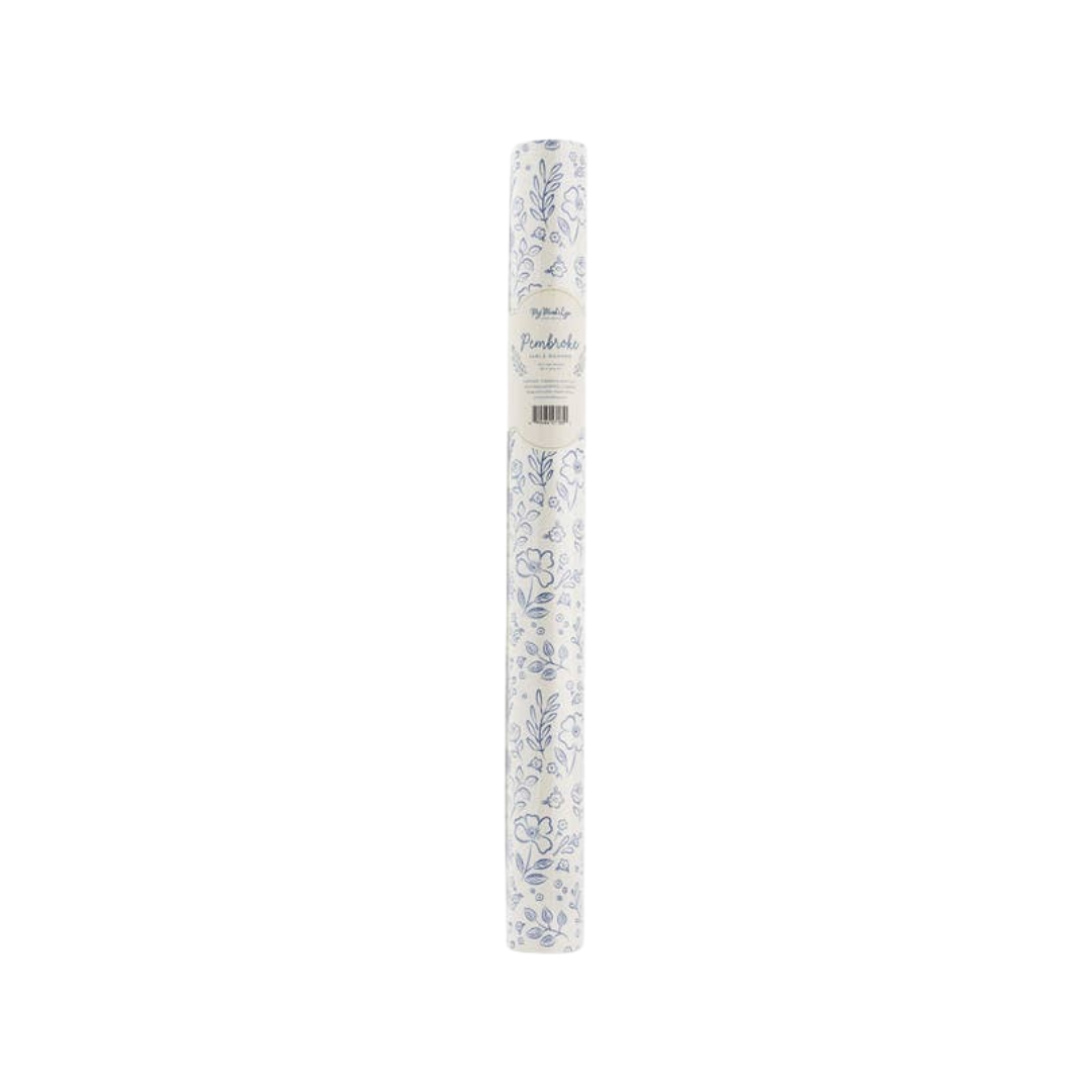 Blue and white floral wrapping paper roll for celebrations from Parte Haus party supply store in Bethesda MD
