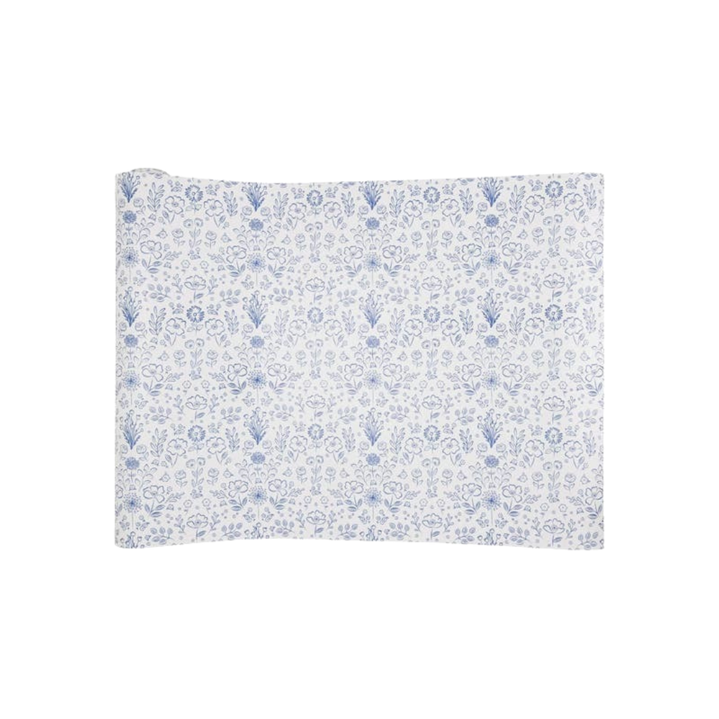Blue floral paper table cover perfect for spring gatherings from Parte Haus party supply store in Bethesda MD.