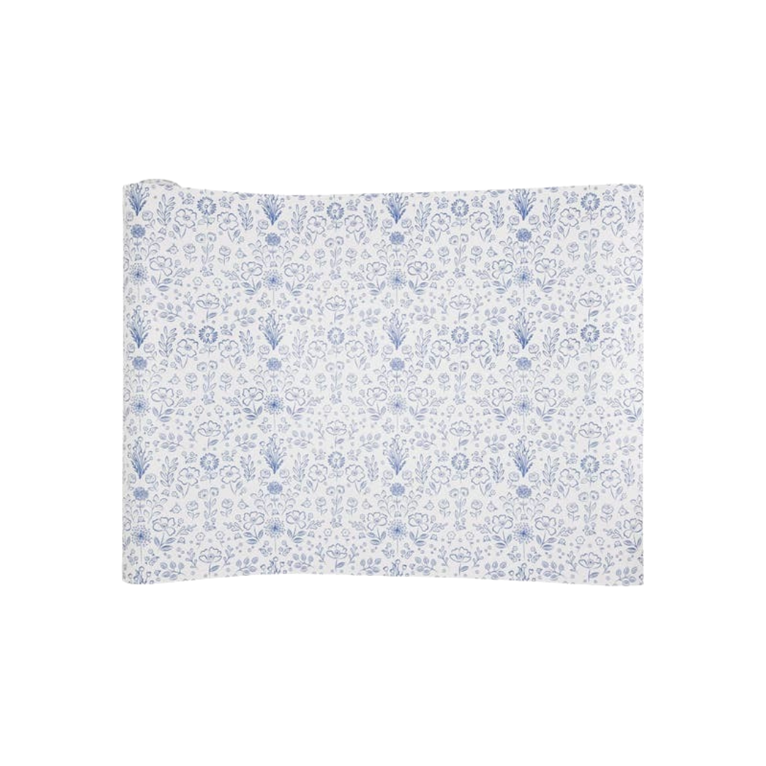 Blue floral paper table cover perfect for spring gatherings from Parte Haus party supply store in Bethesda MD.