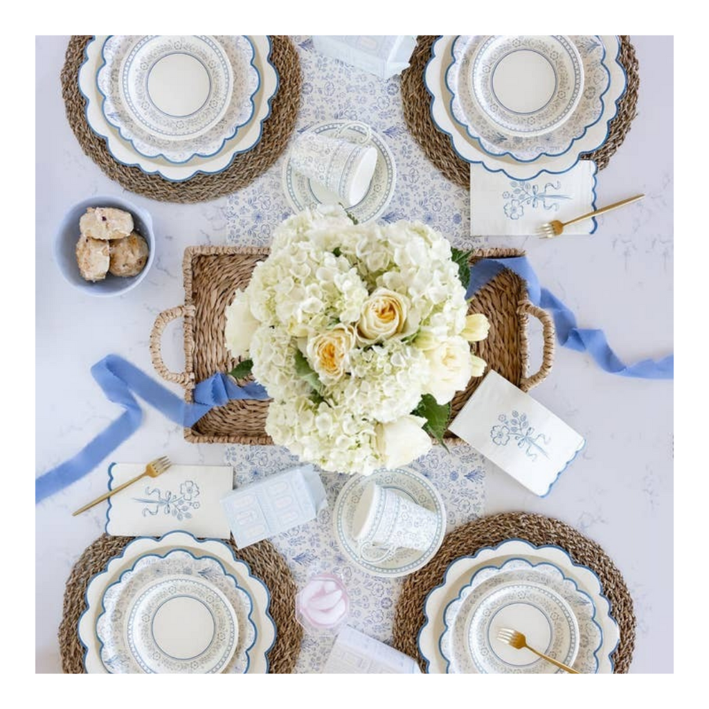 Blue and white floral tableware set elegant brunch theme from Parte Haus party supply store in Bethesda Maryland