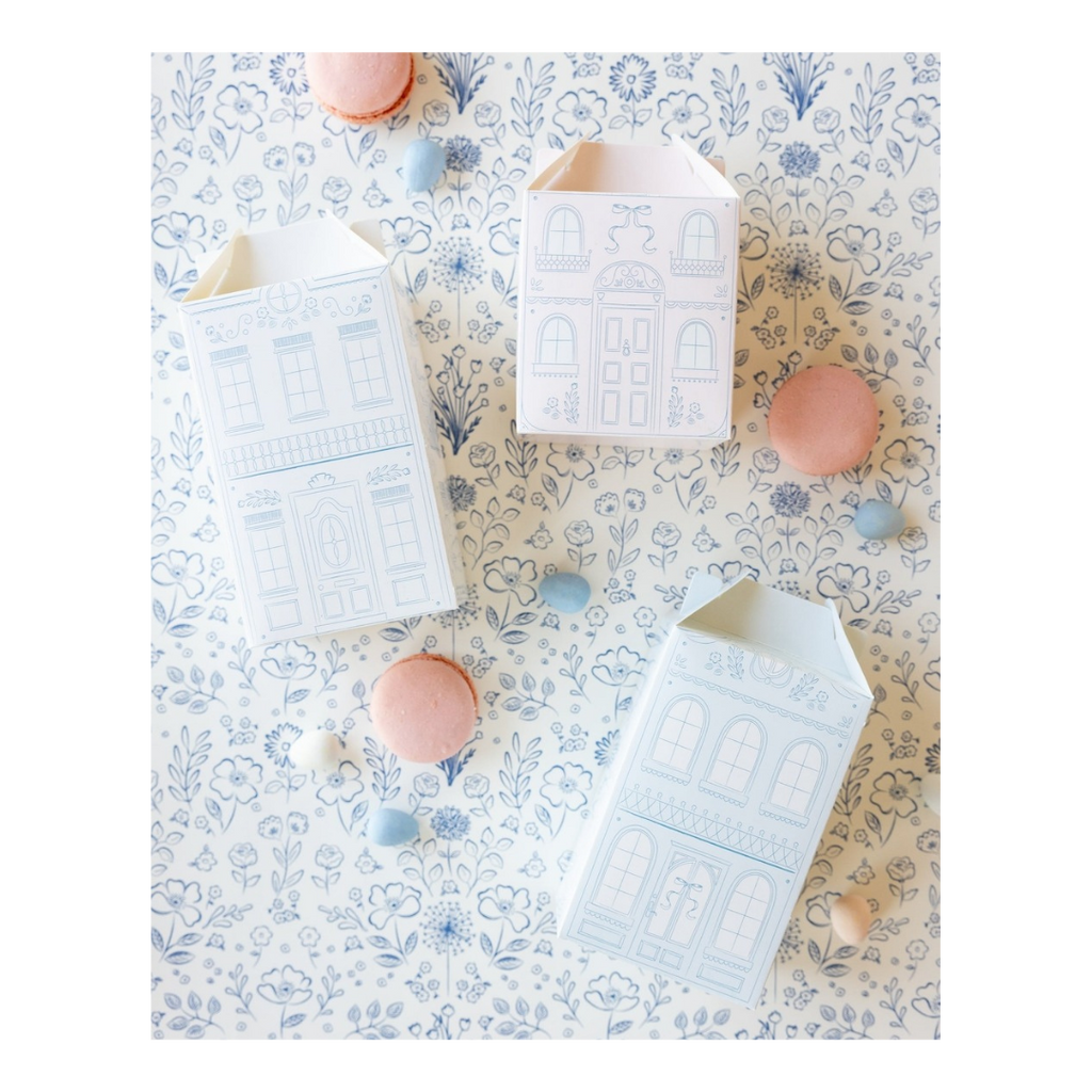 Pastel blue and pink house shaped treat boxes with illustrated windows and doors birthday baby shower from Parte Haus party supply store in Bethesda Maryland