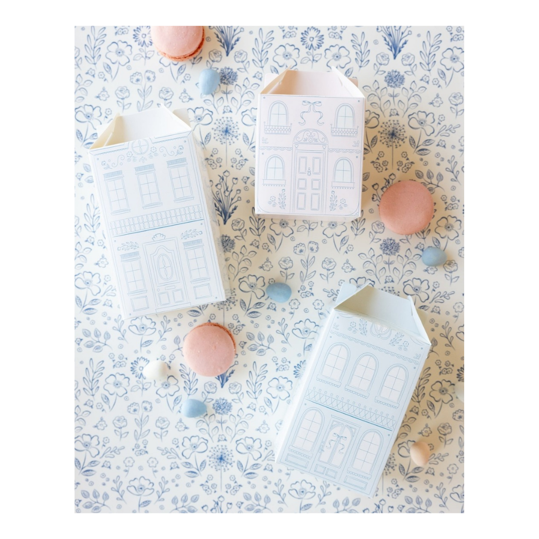 Pastel blue and pink house shaped treat boxes with illustrated windows and doors birthday baby shower from Parte Haus party supply store in Bethesda Maryland