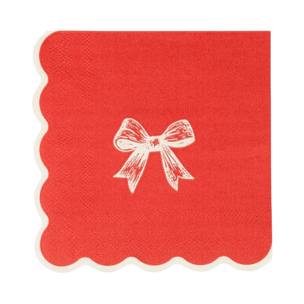 Red napkin with white bow illustration scalloped edge for holiday or birthday from Parte Haus party supply store in Bethesda MD