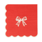 Red napkin with white bow illustration scalloped edge for holiday or birthday from Parte Haus party supply store in Bethesda MD