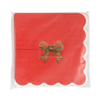 Red napkin with gold bow and scalloped edge for Christmas from Parte Haus party supply store in Bethesda MD