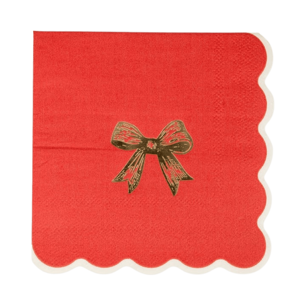 Red napkin with gold bow and scalloped edge Christmas theme from Parte Haus party supply store in Bethesda MD