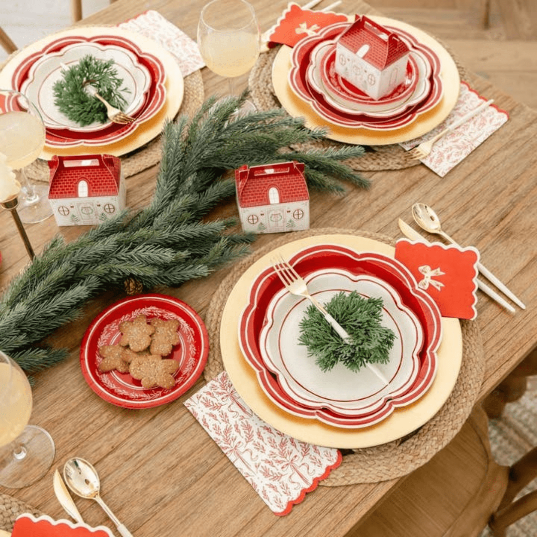Red and white Christmas tableware with gingerbread cookies festive decor from Parte Haus party supply store in Bethesda MD