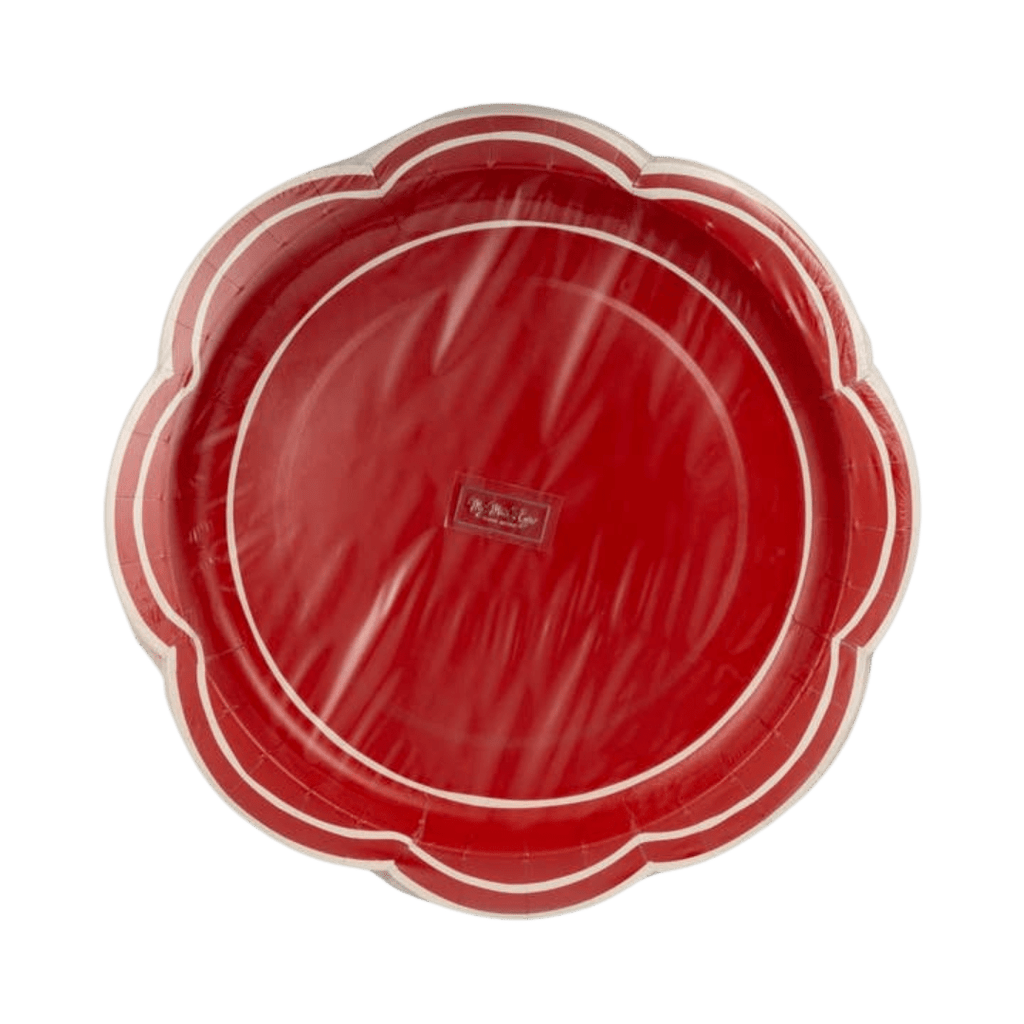 Red scalloped edge plate with white trim elegant event decor from Parte Haus party supply store in Bethesda MD.