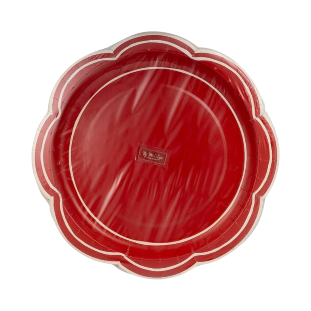 Red with White Detailing Lines Scalloped Large Dinner Plates