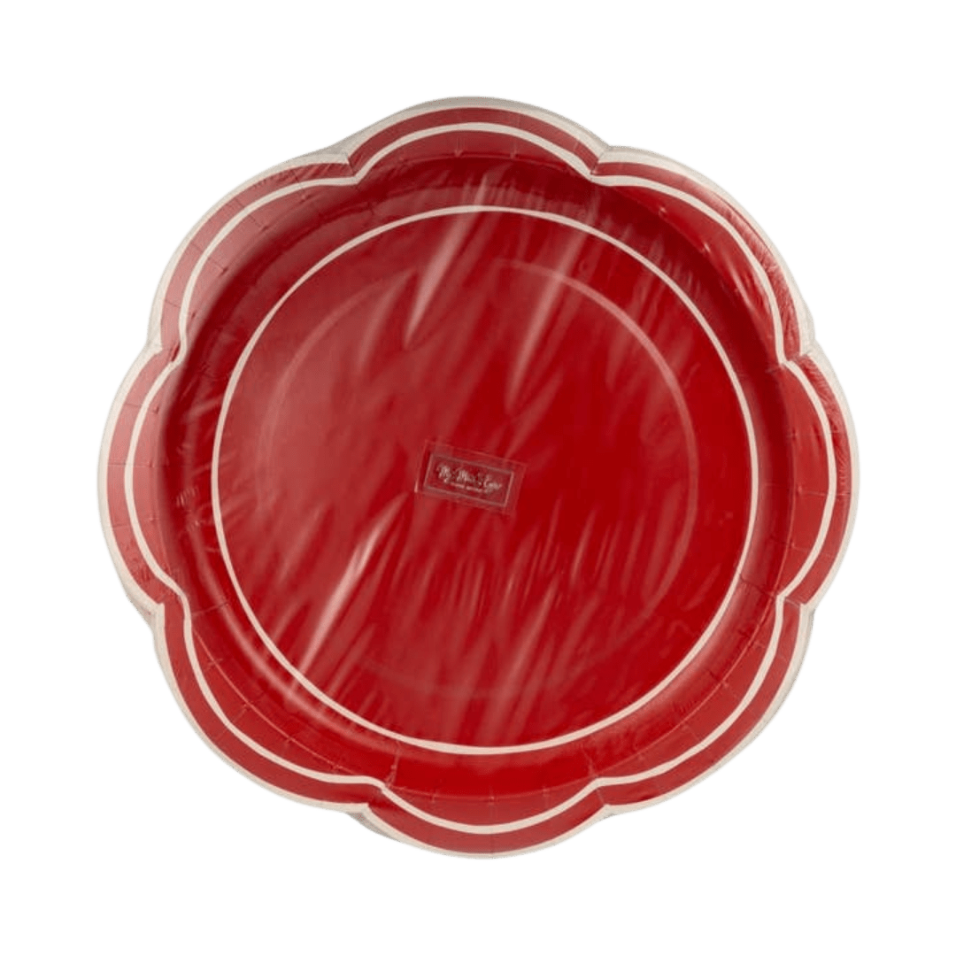 Red scalloped edge plate with white trim elegant event decor from Parte Haus party supply store in Bethesda MD.