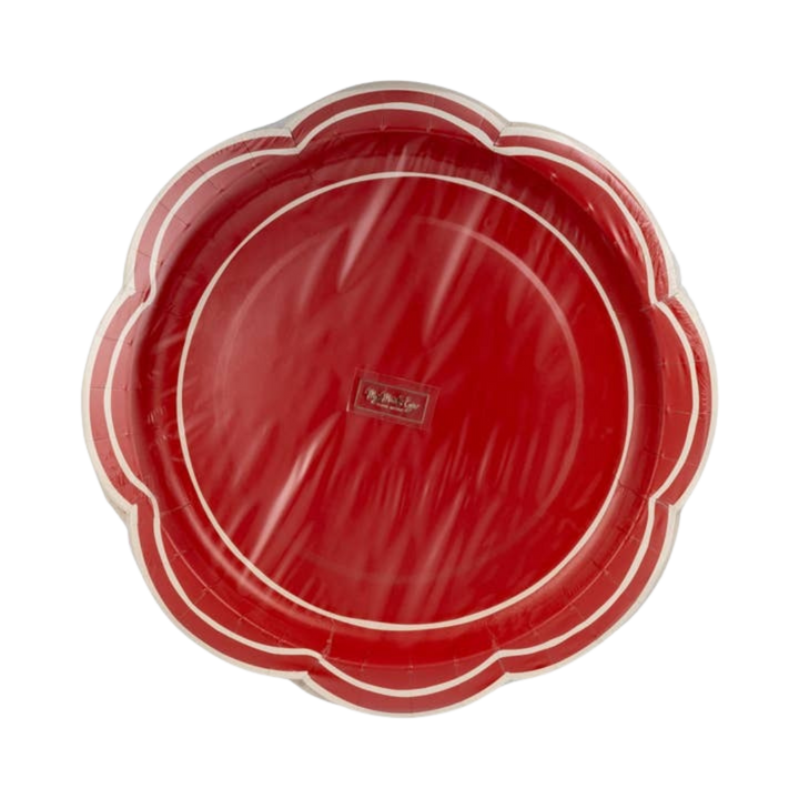 Red with White Detailing Lines Scalloped Large Dinner Plates