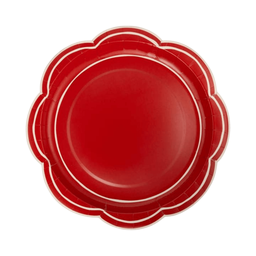 Red scalloped paper plate with white rim for birthday from Parte Haus party supply store in Bethesda MD.