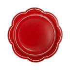 Red scalloped paper plate with white rim for birthday from Parte Haus party supply store in Bethesda MD.