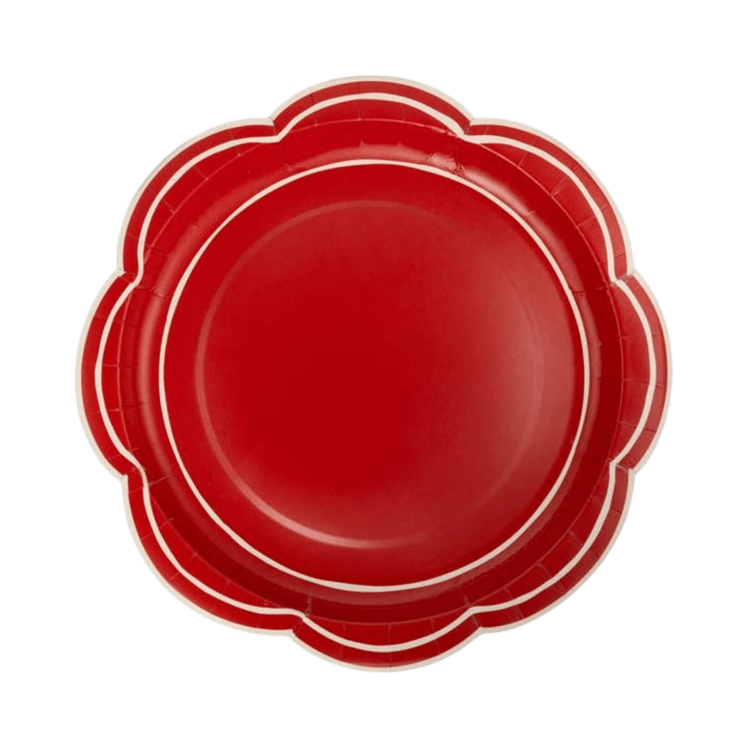 Red scalloped paper plate with white rim for birthday from Parte Haus party supply store in Bethesda MD.