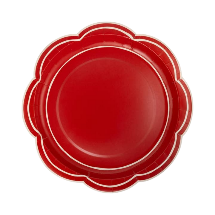 Red with White Detailing Lines Scalloped Large Dinner Plates