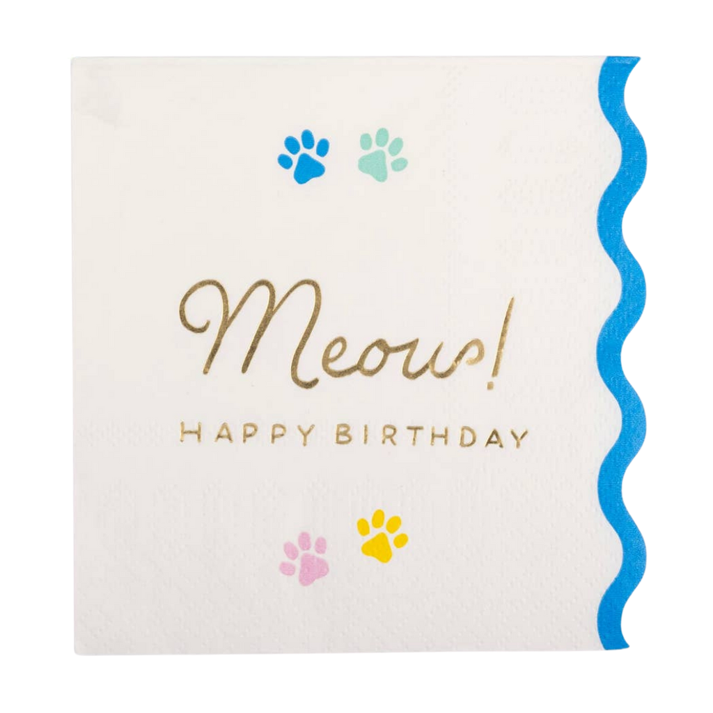 Cream with Blue "Meow! Happy Birthday" Scalloped Cocktail Napkins