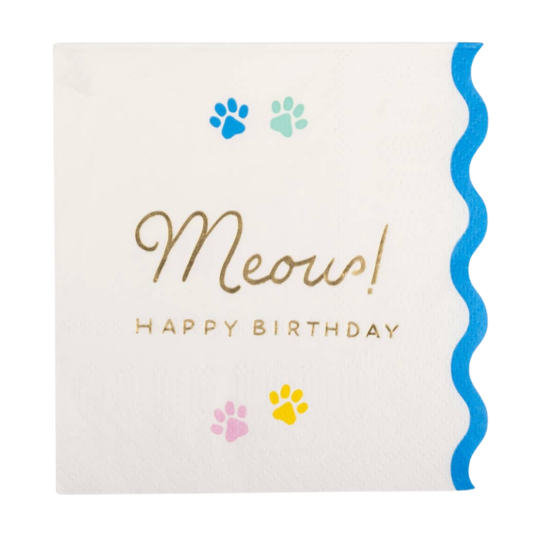 Cream with Blue "Meow! Happy Birthday" Scalloped Cocktail Napkins