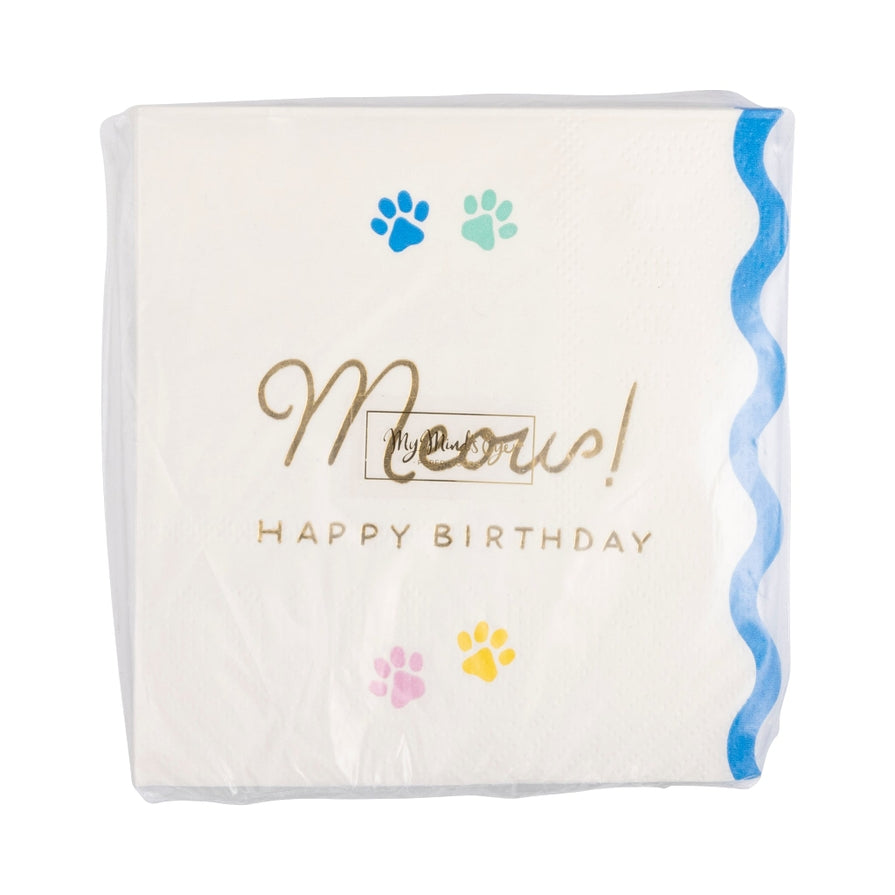 Cream with Blue "Meow! Happy Birthday" Scalloped Cocktail Napkins
