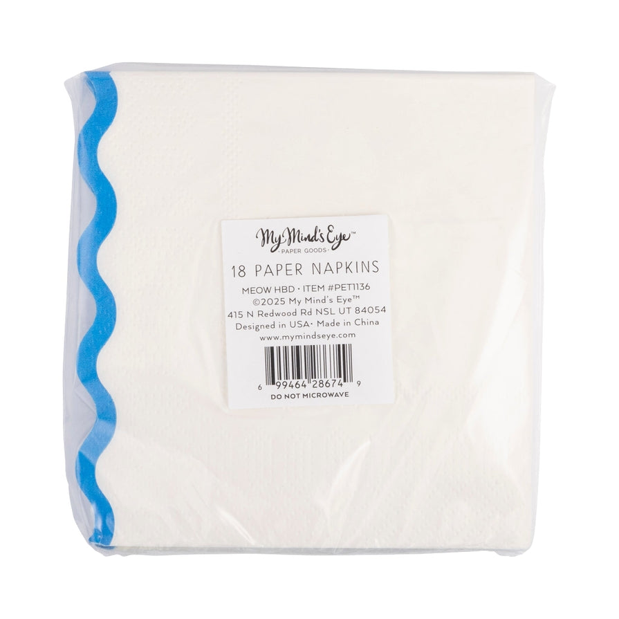 Cream with Blue "Meow! Happy Birthday" Scalloped Cocktail Napkins