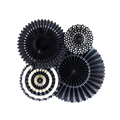Black basics paper fans with striped and solid patterns for birthday or event decor from Parte Haus party supply store in Bethesda MD