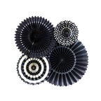 Black basics paper fans with striped and solid patterns for birthday or event decor from Parte Haus party supply store in Bethesda MD
