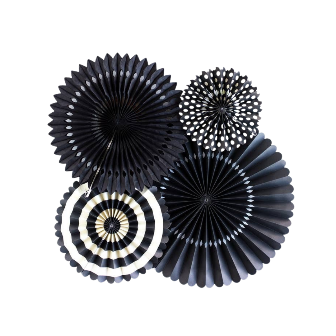 Black basics paper fans with striped and solid patterns for birthday or event decor from Parte Haus party supply store in Bethesda MD