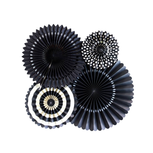 Black basics paper fans with striped and solid patterns for birthday or event decor from Parte Haus party supply store in Bethesda MD