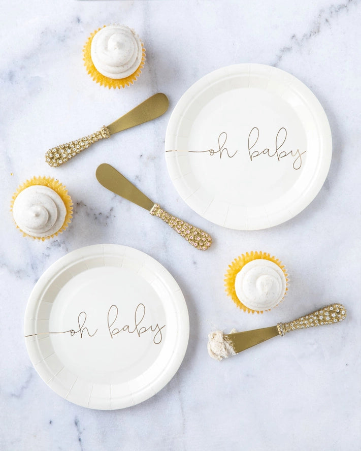 White oh baby plates with gold script and cupcakes for baby shower from Parte Haus party supply store in Bethesda MD