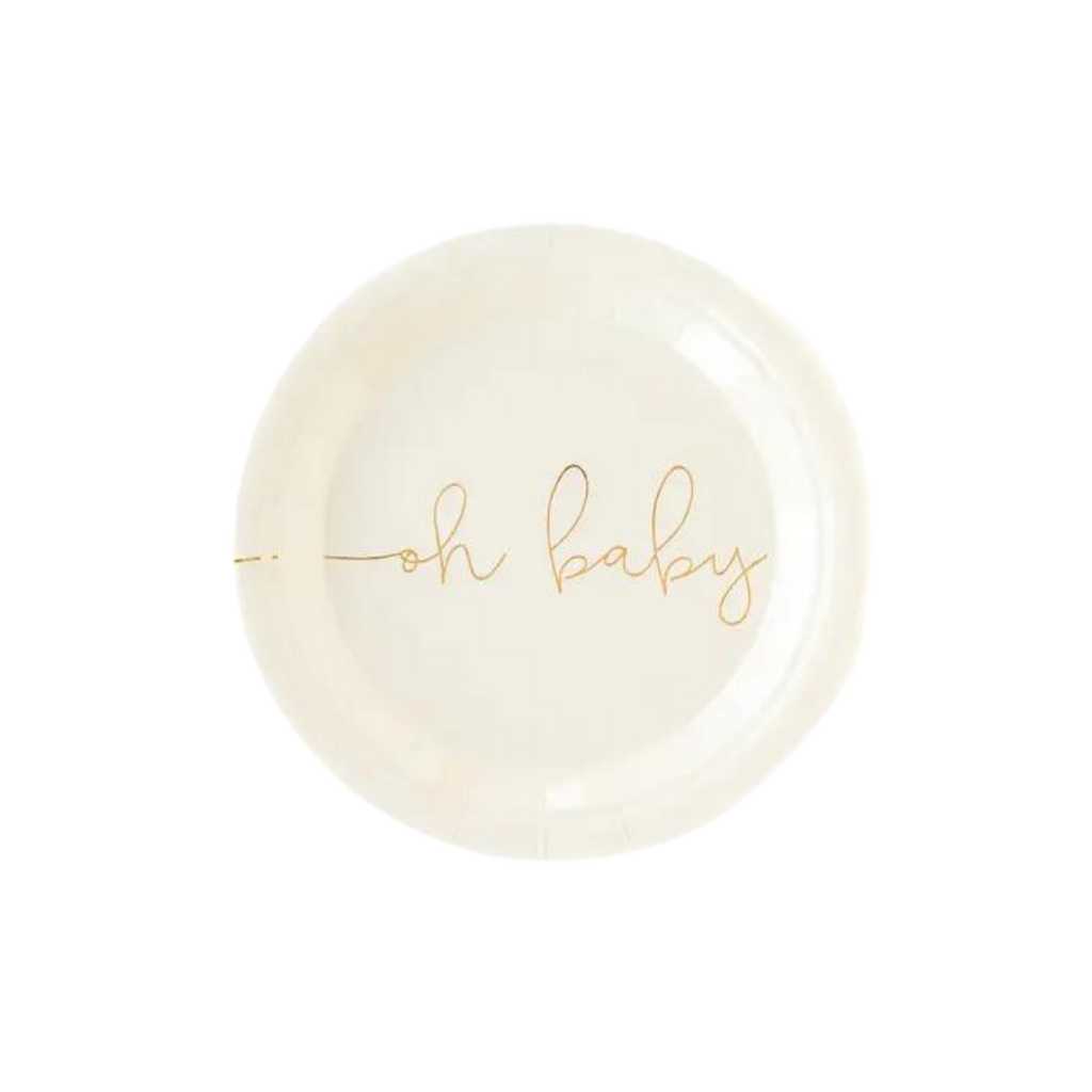 White baby shower plate with gold oh baby text from Parte Haus party supply store in Bethesda MD