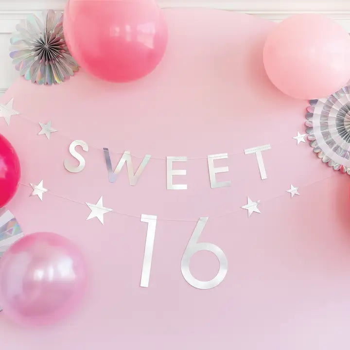 Pink and silver Sweet 16 banner with balloons birthday theme from Parte Haus party supply store in Bethesda Maryland