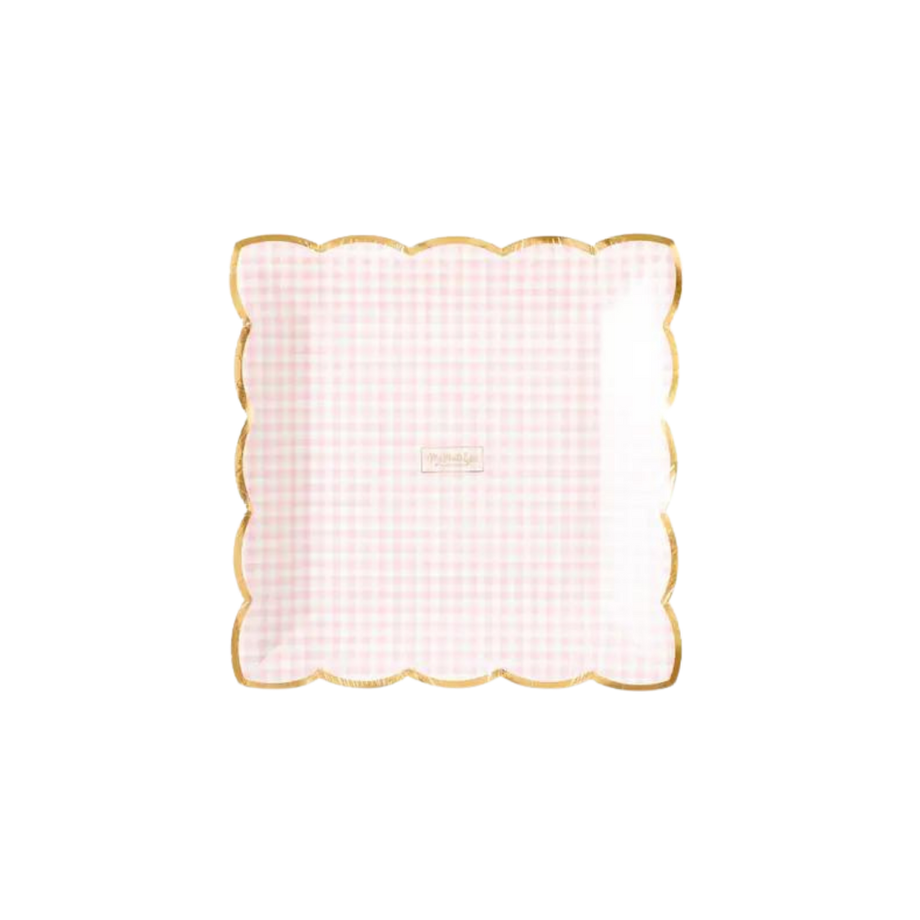 Pink gingham plate with gold scalloped edge perfect for birthday from Parte Haus party supply store in Bethesda Maryland