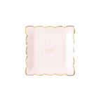 Pink gingham plate with gold scalloped edge perfect for birthday from Parte Haus party supply store in Bethesda Maryland