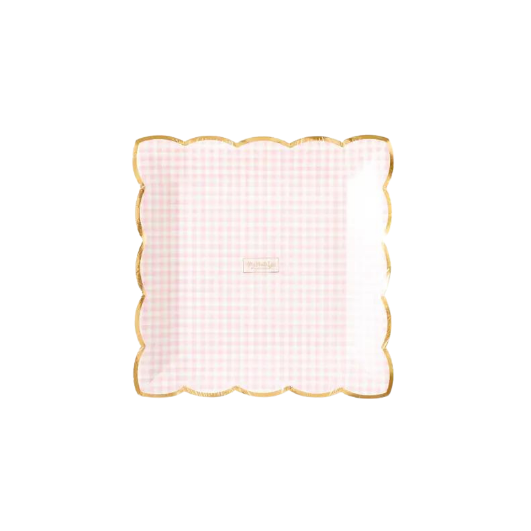 Pink gingham plate with gold scalloped edge perfect for birthday from Parte Haus party supply store in Bethesda Maryland