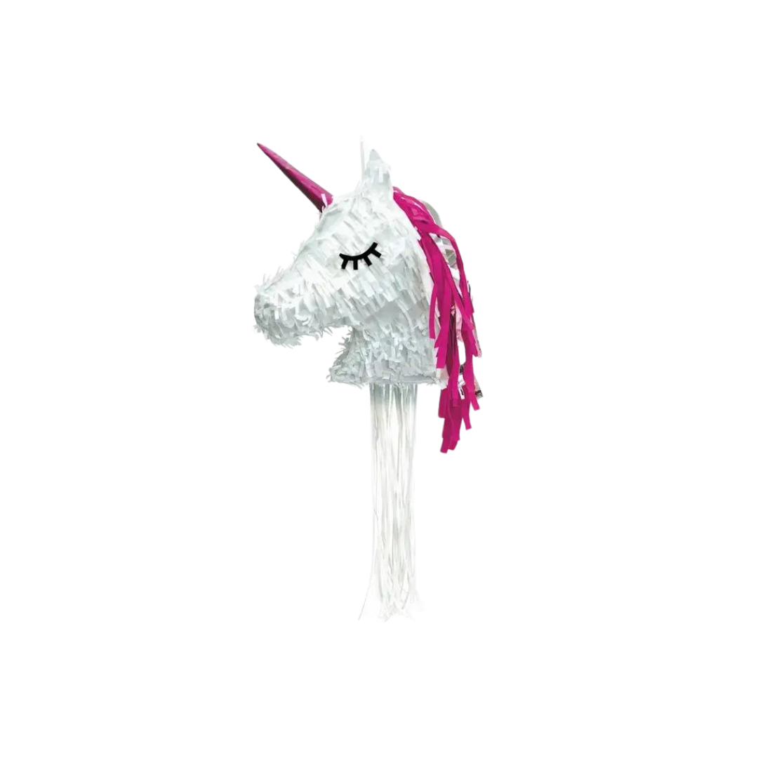 White and pink unicorn piñata with closed eyes birthday theme from Parte Haus party supply store in Bethesda MD