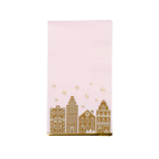 Pink gingerbread guest towel with gold village and stars holiday design from Parte Haus party supply store in Bethesda MD