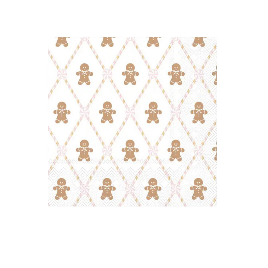 Pink gingerbread large napkins with gingerbread man and candy pattern Christmas from Parte Haus party supply store in Bethesda Maryland