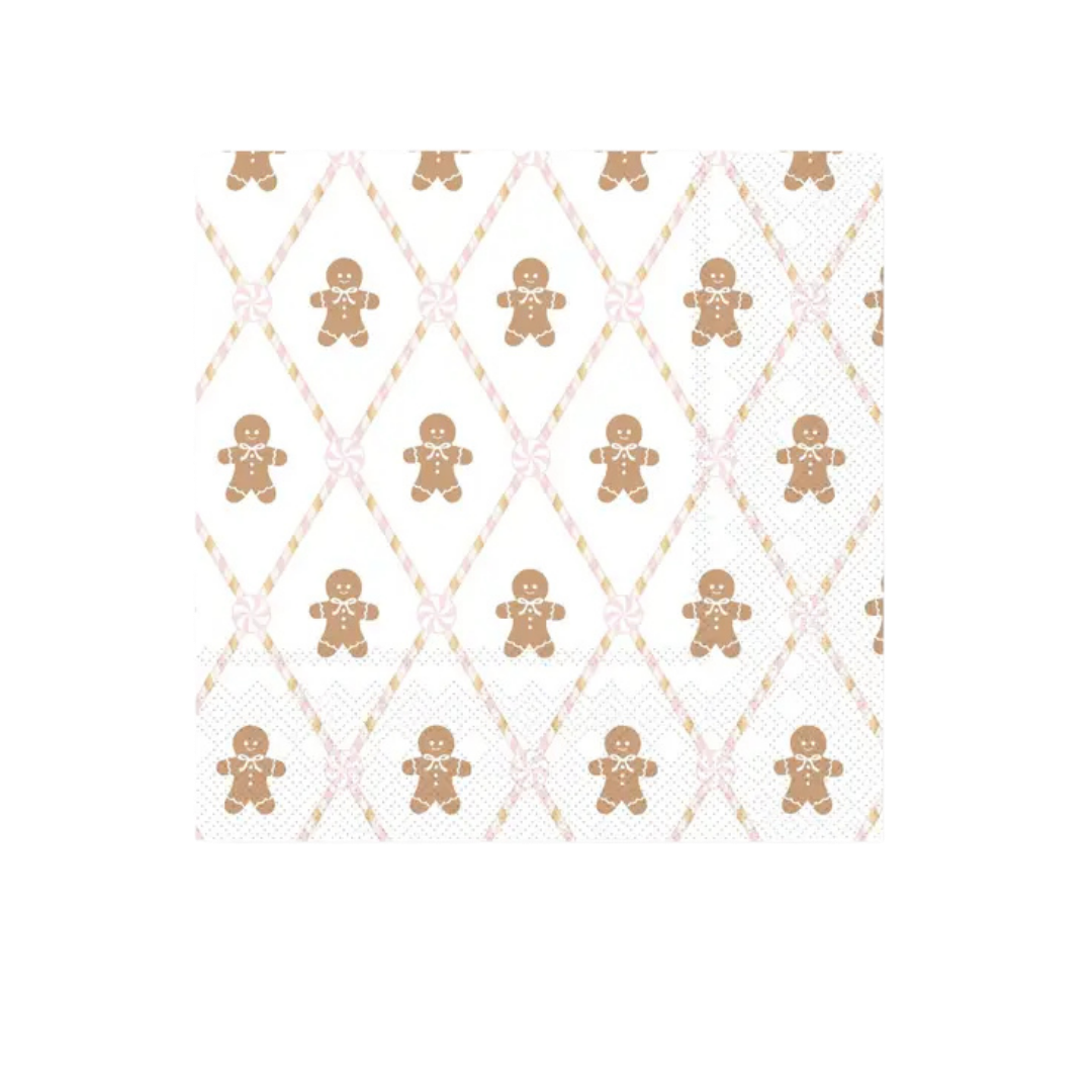 Pink gingerbread large napkins with gingerbread man and candy pattern Christmas from Parte Haus party supply store in Bethesda Maryland